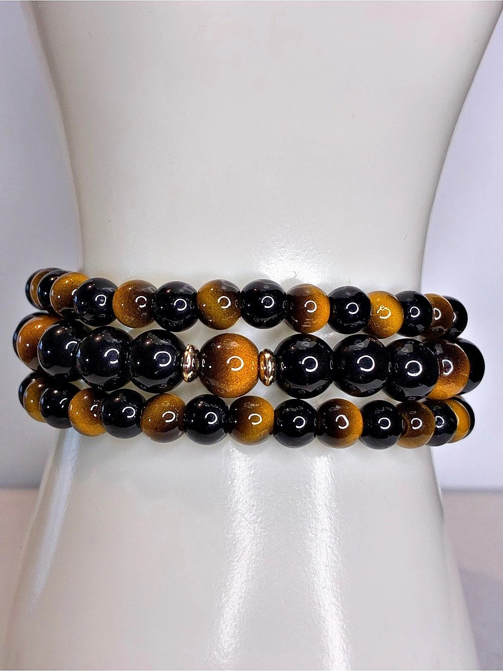 Triple Tiger Eye Beaded Bracelet Black & Brown Beaded Bracelet Stack NWOT